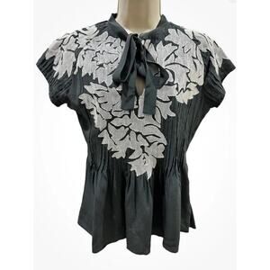 Anthropologie Project Alabama Pintuck Silk Blouse Tie Lace Applique Gray Sz Med